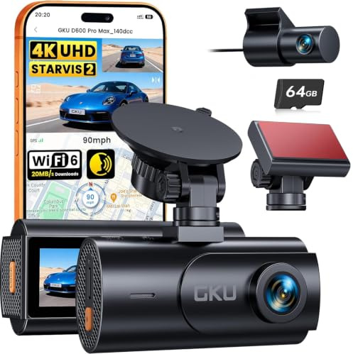 GKU Dashcam Auto Vorne Hinten, 4K mit STARVIS 2, WiFi 6 Dash Cam Auto | Kamera 3 IPS-Bildschirm mit 64G SD-Karte, Kollisionsvoraufzeichnung, GPS, WDR, Loop-Aufnahme, Unterstützt 512 GB Max