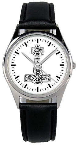 KIESENBERG Armbanduhr Mjölnir Thors Hammer Wikinger Geschenk Artikel Idee Fan Damen Herren Unisex Analog Quartz Lederarmband Uhr 36mm Durchmesser B-1232