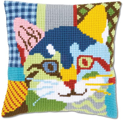Vervaco Cross Stitch Cushion Cat Patchwork, Outlined Cross Stitch Kit Cushion Vorbeze Nice, Cotton, multicoloured, 40 x 40 x 0.3 cm
