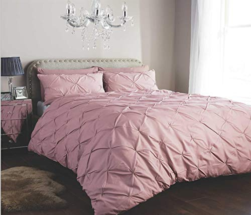 Olivia Rocco Pintuck Duvet Cover Set Pinch Pleat Design includes Pillowcases Easy Care Soft Cotton Rich Quilt Bedding Bed Covers, Super King Pink
