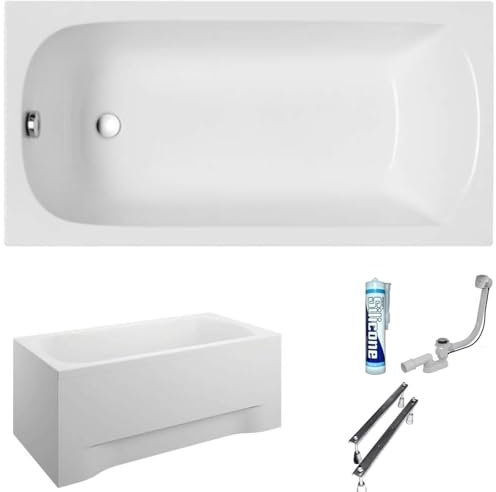 ECOLAM Baignoire rectangle acrylique Classic 120x70/ 130x70/ 140x70/ 150x70/ 160x70/ 170x70 cm + tablier | pieds siphon et silicone panneau | (140x70)
