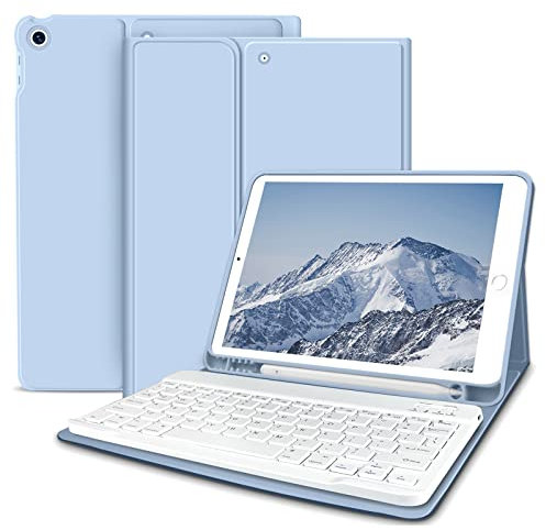 zoyu Keyboard Case for iPad 10.2 inch with Pencil Holder, Soft TPU Back Stand Cover with Magnetically Detachable Wireless Keyboard for iPad 9th / 8th / 7th Generation (2021/2020/2019), Light Blue