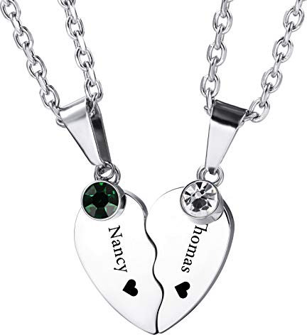 INBULE Personalisierte Herz Paar Halskette Set mit Wunschgravur von Name Datum für Freundin Pärchen Liebhaber Geburtsstein Edelstahl Verstellbare Kette Liebevolle Beziehung Puzzle Anhänger(Silber)