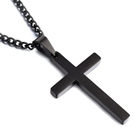 Cross Necklace for Men Women, 316L Stainless Steel Cross Pendant Necklace with Chain-55+5CM | Silver / Gold / Black Cross Chain Necklaces Easter Gifts for Birthday Christmas Thanksgiving Day, Black