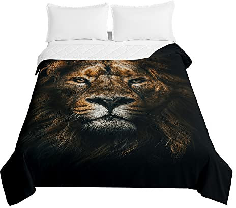 Chickwin Tagesdecke Bettüberwurf Steppdecke, Löwe 3D Tagesdecken mit Präge Wohndecke aus Mikrofaser Sommer Gesteppt Bettdecke Bettbezug für Einzelbett Doppelbett (220x240cm,Schwarz)