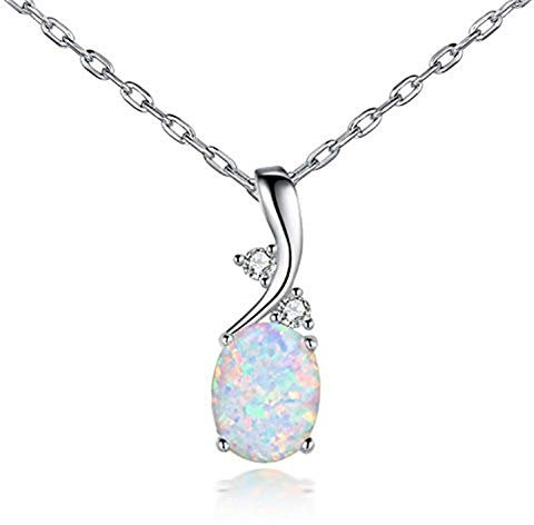 Gilieyer Opal Geburtsstein Halskette für Frauen, Versilbert Edelstein Oval Weißer Feuer opal Anhänger Halskette Teardrop Anhänger Silber Kette Modischer Opal Schmuck für Frauen Mutter (Silber)