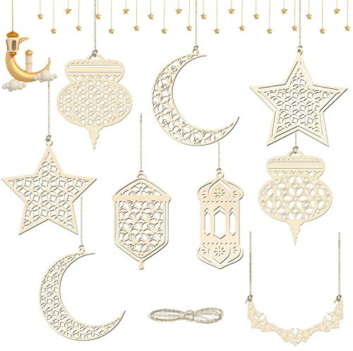 9 Stücke Holz Anhänger Ornament, Ramadan Deko, Eid Hängendes Zeichen, Islamische Dekoration, Eid DIY Dekorationen Mond Stern Licht Form Anhänger, Für Ramadan Mubarak Eid Dekorationen
