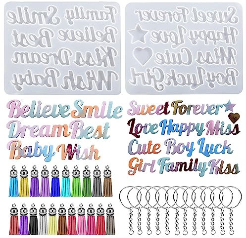 Attuslla Schmuckformen Silikon Epoxidharz Englischer Brief Resin Silikonform mit Quasten, Schlüsselanhänger für DIY Schlüsselbund, Anhänger, Halskette