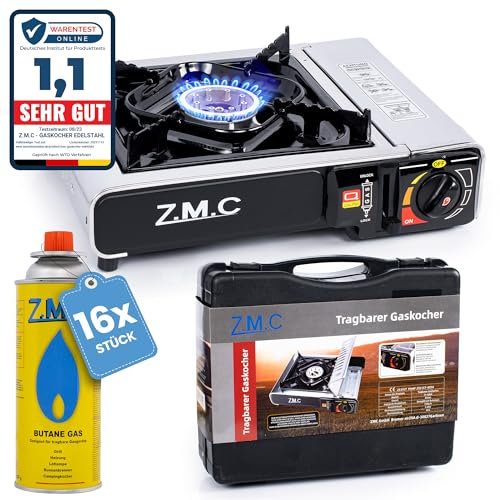 Z.M.C Edelstahl Gaskocher 1-flammig + Aufbewahrungskoffer + 16x Gaskartuschen 227g, Campingkocher für Outdoor und Innenraum, Campinggaskocher 2,2 kW, Balkon Tischgrill mit Piezozündung