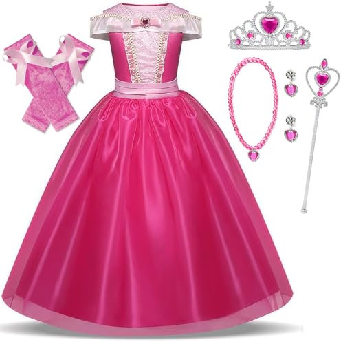 Cnexmin Robe de Princesse Aurore Fille Déguisement de La Belle au Bois Dormant Princesse Costume Anniversaire Noël Halloween Partie Carnaval Cosplay Robe de Soirée pour Rose 4-5Ans120