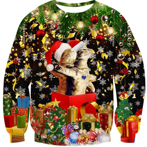 NEWISTAR Herren Ugly Christmas Sweater 3D Titanische Katze Druck Weihnachtspullover Damen Pullover Hässlich Weihnachten Witzig Tops Unisex Bunte XL