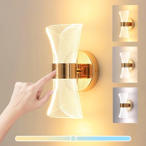 LED Wandlampe mit Schalter 12W Schlafzimmer Touch Control Wandleuchte Dimmbar Innen Leselampe Up Down Leuchte Schwarz Wandbeleuchtung für Gang Treppe Flur Dachgeschoss Küche Wohnzimmer, Gold