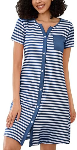 Marvmys Chemises Nuit Femme Coton Manches Courtes Rayure Robe De Nuit Bouton Ouvert Devant Vêtements de Nuit Chemise De Nuit Cardigan Femme Vêtement d'Intérieur Femme Bleu Marine-1 XXL
