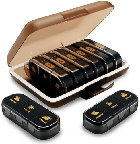 XL OWeise Tablettenbox Set: Große wöchentlicher Pillenbox für 7 Tage mit 3 Fächer + Kleine Pillendose mit 3 Fächer für die Reise. Deutsch