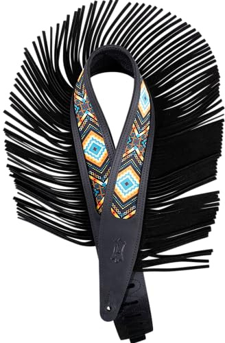 Levy's Leathers 2.5 Crazy Horse Leather Guitar Strap with Fringe Detail and Western Print; Black (MG317BOI-BLK)