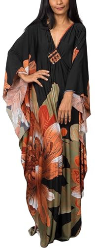 AIEOE Women Full Length Solid Color/Boho Floral Bikini Swimsuit Cover Up Kaftan Dress Batwing Sleeve Plus Size Beach Loose Colorful
