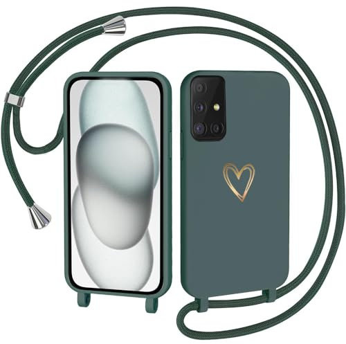 CaseLover Handyband für Samsung Galaxy A71 4G Hülle mit Band, Herz Muster Silikon Necklace Handyhülle mit Abnehmbar Kordel zum Umhängen Stossfest Bumper Handy Schutzhülle für Samsung A715F, Grün