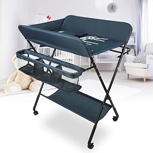 Wickeltisch Klappbar-Wickelkommode Babypflegetisch-Mobiler Wickelkombi mit Wickelauflage, Sicherheitsgurt und Ablagefächern, Tragbar Wickelkombination (dunkelblau-80 * 66 * 98cm)