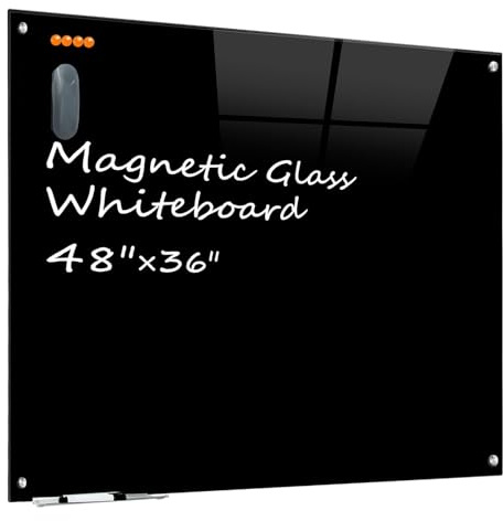 KIZZBY Black Glass Dry Erase Board - Magnetic Blackboard for Wall, 48x36 Large Frameless Black Whiteboard for Office, Home & School