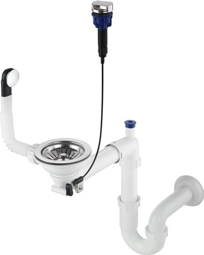 GRANMASTER Siphon Küchenspüle Automatischer 1-Kammer Raumsparsiphon mit überlauf - Ablaufgarnitur für Spüle Made in Italy Anschluss an der Unterseite: 1 1/2 Siebkorb Excenterventil 3 1/2- 30x25x35cm