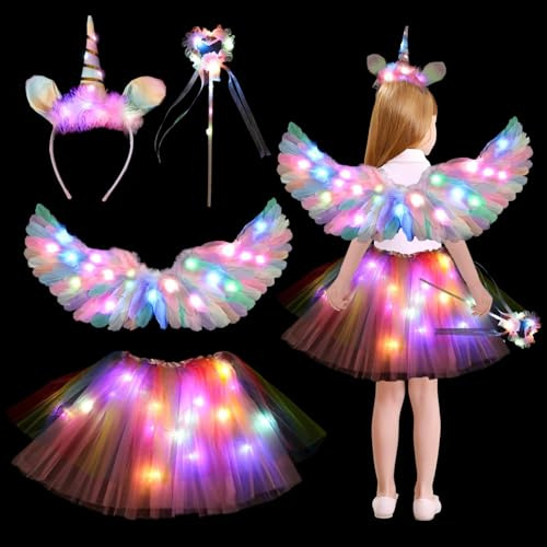 Costme de licorne lumineux pour enfant - Avec ailes d'ange et plumes, auréole - Serre-tête - Baguette magique LED - Tutu - Jupe en tulle - Costume d'Halloween pour enfants . 4 pcs