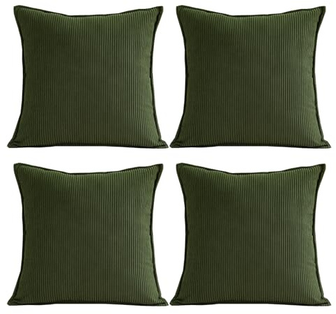 JOSVRAC Dark green cushions 55 x 55cm set of 4 stripes corduroy Cushion Square Throw Pillow Case Set green Cushion Covers for Living Room Sofa Bed Bedroom Home Decor Garden Cushion Couch pillowcase