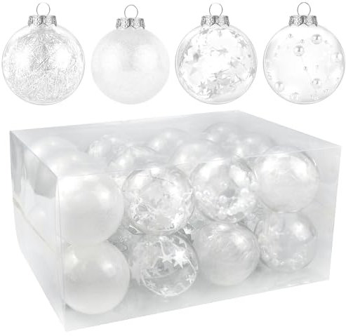 MytaYt 24 Stück Weihnachtsbaumkugeln Weihnachtskugeln Kunststoff Christbaumkugeln Weiß Weihnachtsbaumschmuck Set Weihnachtskugeln Dekoration Modern Kugeln Weihnachten(6CM)