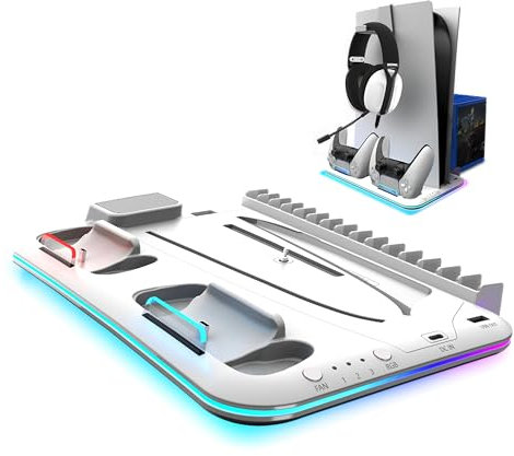 AKUMA Cyber A01 Support Multifonction avec Ventilateur pour PS5 Slim Disc/Digital, Disc et Digital, PS5 Pro; Chargeur Rapide pour 2 manettes, Support Casque et lumière RGB, Rangement de Jeux