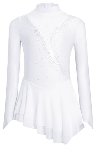 HULIJA Niños Niñas Patinaje Artístico Vestido de Ballet de Manga Larga con Rhinestone Vestido Calabaza Danza Maillot Falda Asimétrica Competición Danza Ropa, Blanco, 146-152