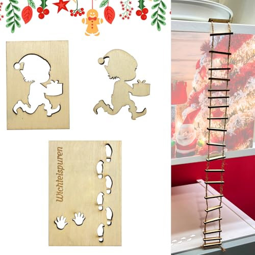 Wikrzeer Modello di Impronta di Gnomo di Natale,Stencil Impronta Gnomo,Stencil Impronte Elfo,Stencil Impronte di Gnomo Natalizio con Scaletta in Corda,Decorazione di Natale (A)