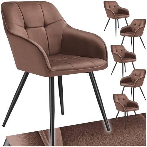 tectake® Samt Stuhl, Esszimmerstuhl mit Stepp Samtstoff, Küchenstühle modern, gemütlicher Sessel Wohnzimmer, Armlehnstuhl Esszimmer, Dining Lounge, Schminktisch Stuhl - braun/schwarz, 6er Set