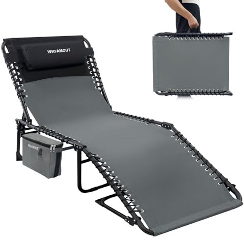 WKFAMOUT Sonnenliege Campingliege Klappbar 5-Stufig Verstellbarer Rückenlehne Outdoor Gartenliege Strandliege Campingbett Klappbett mit Abnehmbaren Kühltasche Kissen 190x59CM Grau