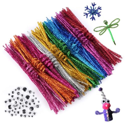 Pfeifenputzer Glitzer Set, 200 Stück Pfeifenputzer zum Basteln Glitzer, Chenilledraht Bunt mit 50 Stück Kulleraugen, Pfeifenreiniger für DIY Projekte Bastelzubehör Dekorationen (Glitzer)