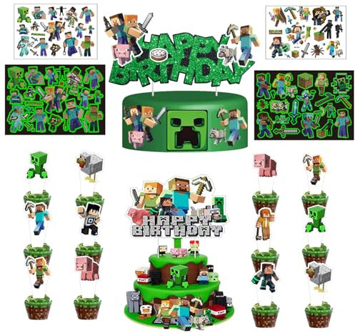 26 Stück Cake Topper Set + 4 Blätter Temporäre Tattoos für Kinder, Muffin Deko, Tortenaufleger Cupcake Topper Deko, Kindergeburtstag Party Geburtstag Deko