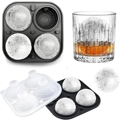 Large Ice Cube Tray Round with Lid, 4.3 x 6.5 cm Death Star Ice Cube Tray, Round Ice Ball Mould, BPA-Free, 3D Round Ball Ice Mould, Ball and Large Cube Ice Cube Trays, for Whiskey, Juice (Black)