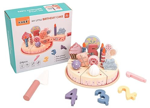 DAJASD Kinderküche Geburtstagstorte aus Holz, 24PCS DIY Spielküche Zubehör mit Zahlen & Kerzen, Geburtstagskuchen Holz Kinder, Kinderküche Zubehör für Jungen Mädchen Party Geschenk Lernspielzeug