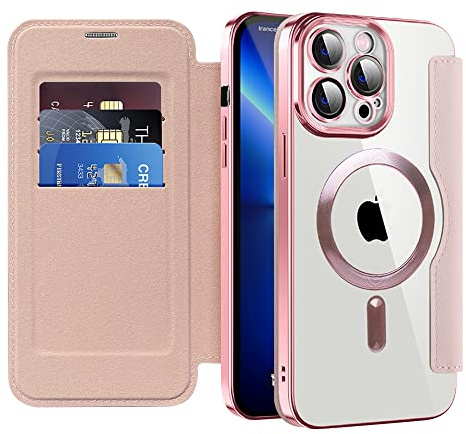 QIWEIQING Case for iPhone 13 Pro with Card Holder. Rose Gold JDC | Compatible with MagSafe, RFID Blocking, Shockproof, Premium Leather Flip Wallet Cover, Magnetic Clear Silicone Back