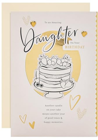 Hallmark Birthday Card for Daughter, Gold Foil, Hearts, Cake Design | Heartfelt Verse, Measures 26cm X 18cm, Cream Envelope, Paper Insert, Fully Recyclable