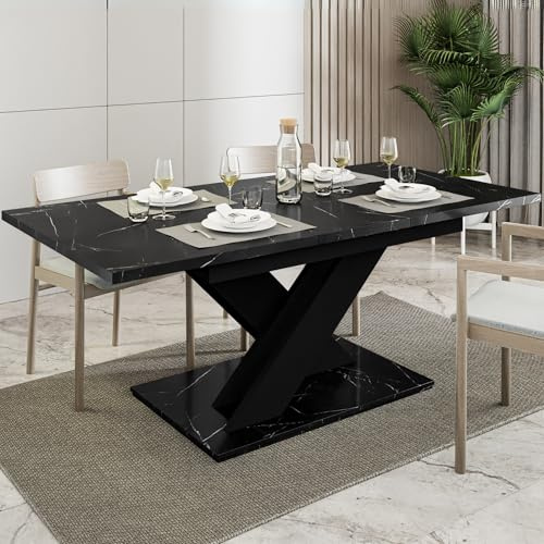 Black Extendable Dining Table, 6-8 Seater, 140-180cm, Marble Effect, BRONX | 6ft Modern Dining Table, Seats 6-8 People, Table Only – No Chairs, Kitchen Table, Glamour Marble Effect, Space-Saving Design