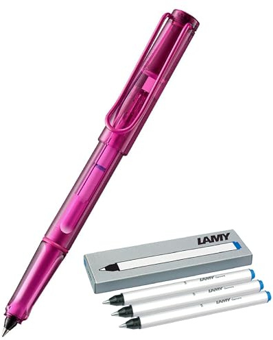 Lamy balloon Tintenroller 311- Volltransparenter Rollerball in der Farbe Blau mit markantem Griffstück und pulverbeschichtetem Metallclip (Pink + 6 Tintenrollerpatronen)
