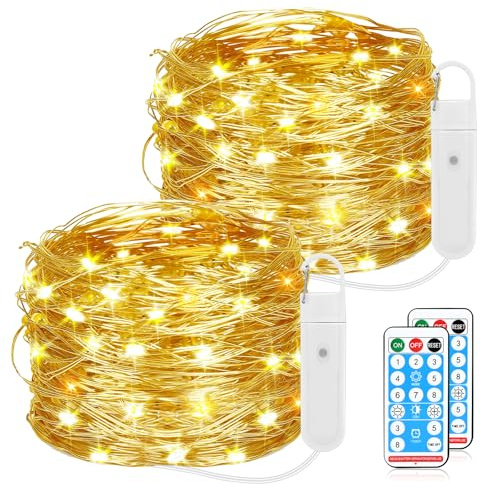 ZWOOS® LED Lichterkette mit Fernbedienung, 2 Stück 10M 100LEDs Warmweiß Lichterkette, USB Aufladbar, Wasserdicht, Timer, Geeignet für Weihnachten, Hochzeit, Garten, Party, Geschenkdekoration