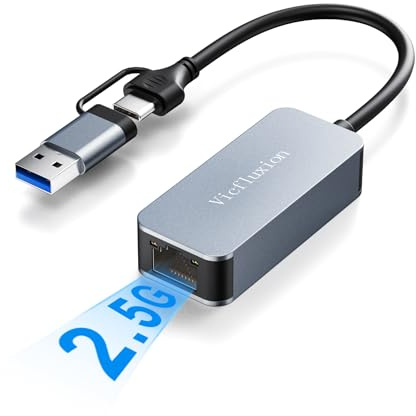Vicfluxion USB C auf Ethernet Adapter 2.5Gbps, USB 3.0 auf Ethernet LAN Adapter mit USB-C & USB-A Ports, kompatibel mit macOS, Windows 10/11, Linux, Chrome OS, für Gaming PC, TV, NAS
