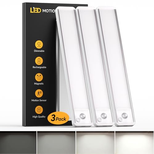 Wardrobe Lights Motion Sensor 25CM, 1800mAh Rechargeable LED Light,3 Pack | Battery-Operated Long-lasting, USB Rechargeable, Dimmable, Magnetic, 2 USB-C Cables Includes, for Wardrobe/Closet Lighting