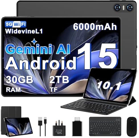 SEBBE Tablet 10 Inch Android 15, Gemini AI, 30GB RAM + 2TB TF, 6000mAh,Octa-Core,Widevine L1,WiFi 6,5 MP + 8 MP,1280 * 800 Pixels,GMS,Bluetooth 5.0, Tablet with Keyboard and Mouse Black