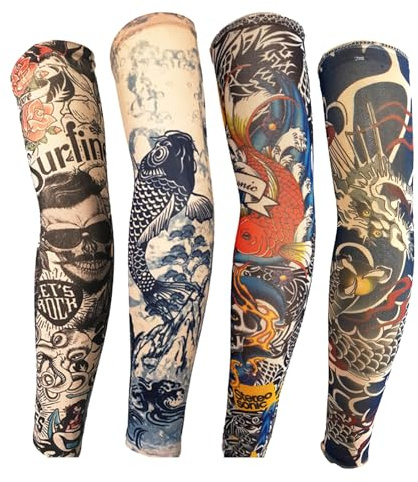 FANOST Tattoo Sleeves for Men Women 4 Pack - Assorted Cool Designs, Full Arm Temporary Fake Tattoo Sleeve Covers for Adults, Breathable & Stretchy for Parties Sports Halloween Costume