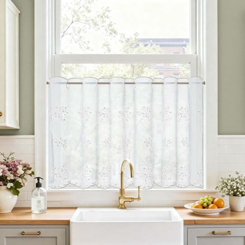 TOPICK Scheibengardine Bistrogardine Gardinenschals 1 Stück H60xB120 Weiß | Lichtdurchlässig Küchengardinen für Küche modern Kurzgardine Wohnzimmer Küchenfenster Fensterschal Landhausstil Küchevorhänge
