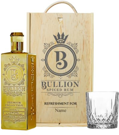 Bullion Personalised Rum Gift Set with Glass – 70cl (40% ABV) | Custom Gold Rum Gift in Wooden Presentation Box | Perfect Personalised Gift for Him, Birthdays & Celebrations