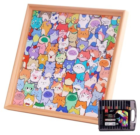 Holz-Puzzle-Rahmen, bemalbares Puzzle mit 24 Farbstiften, handgefertigtes dekoratives Puzle für Café, Zuhause, Tischplatte, Kamin, Bücherregal, Schrank