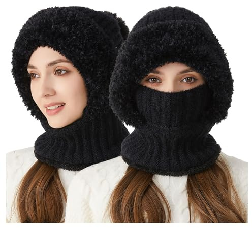 3 in 1 Wintermütze Damen Strickmütze Warme Mütze mit Winddichte Masken Kreis Schal Set Balaclava Winter Stricken Mütze mit Fleecefutter Kälteschutz Skimütze