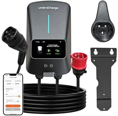 UnlimiCharge Mobile Wallbox 22kw mit App Steuerung & RFID, 3-Phase (22kw, 400V, 6A-32A) CEE Type 2 Charging Station for BEV/PHEV, 7.6 m Charging Cable, IP66, Efficient EV Charger for Home